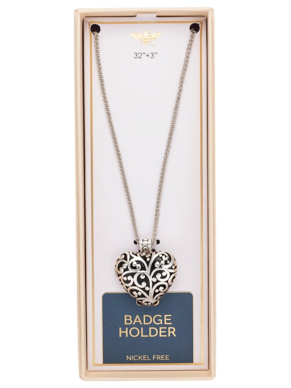True to Form Filigree Heart Badge Holder Necklace Silver Black Enamel NIB